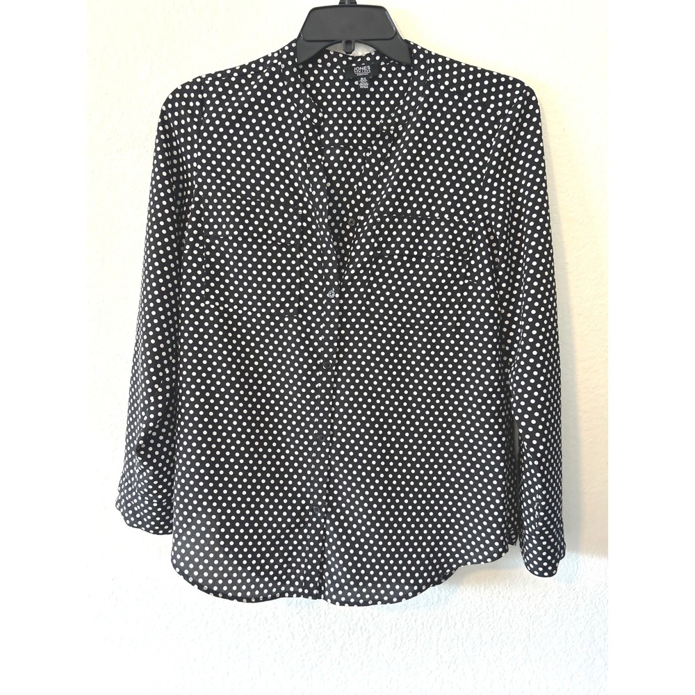 90s Effortless Black White Polka Dot Button Down Blouse‎ Jones New York SZ M